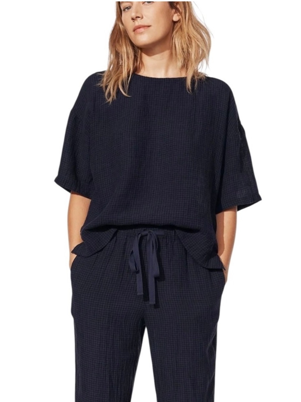 Eileen Fisher 100% Organic Linen Puckered Navy Blue Textured Two-Piece Set